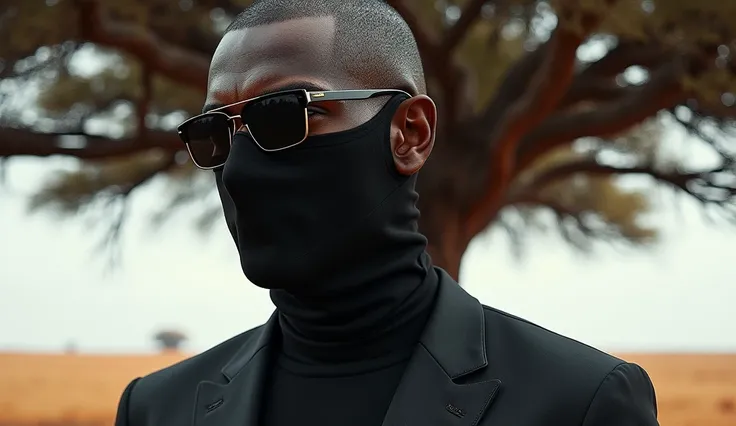 please create a majestic Adansonia tree in vast savana of africa and a stylish Black man dressed in sleek, all-black attire, with a mask fully covering his face including his forehead and eyes, the whole head is cover in mask,he is wearing sun glasses, is ...