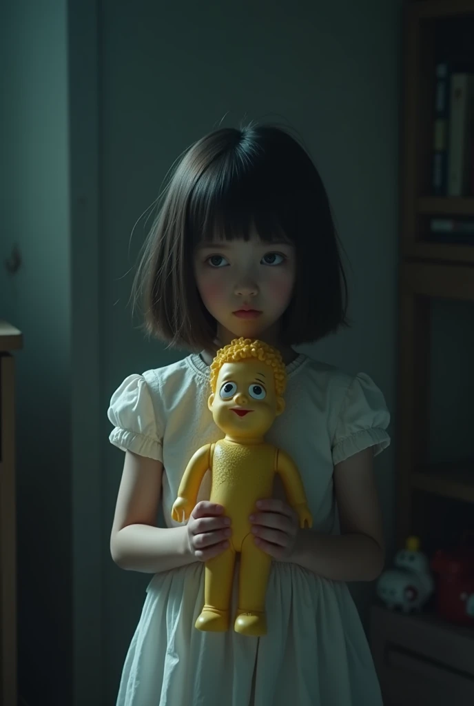 (photorealism:1.2), A girls room ,  mysterious dark environment , short yellow hair toy doll,  smiley face,  big eyes ,  white dress , The doll is given as a gift to a girl ,  girl receives toy doll in her hands