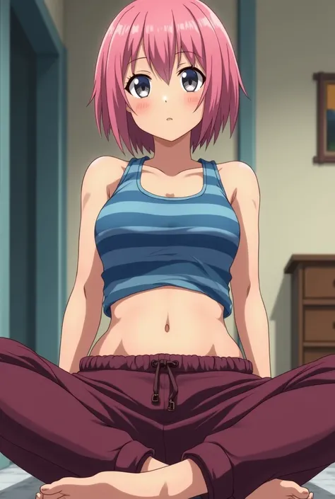 Anime art of a giantess with short pink hair and grey eyes. She is wearing a tanktop that has blue and light blue stripes that shows her stomach, maroon colored sweatpants, and barefoot. She is sitting in a shrunken room, her body filling the size of the r...