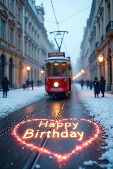  C est l hiver dans les rues de Prague, un tramway, Au sol est ecrit " Joyeux Anniversaire" avec un coeur 