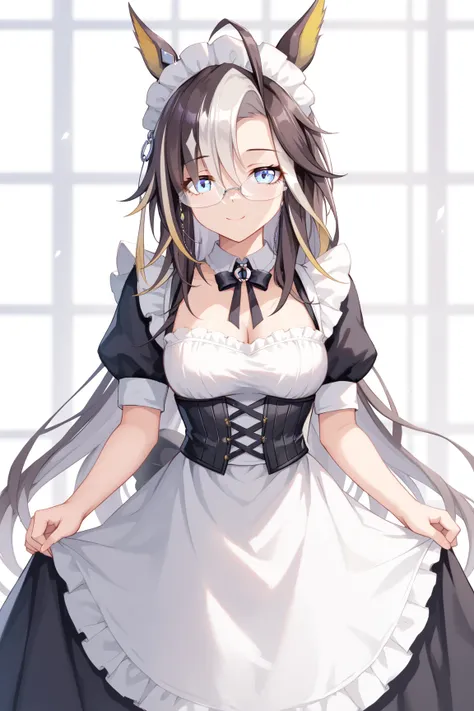 NSFW,masterpiece, top quality, high definition , very detailed,Dream Journey,Dream Journey(Horse Girl),Glasses,smile, maid clothes