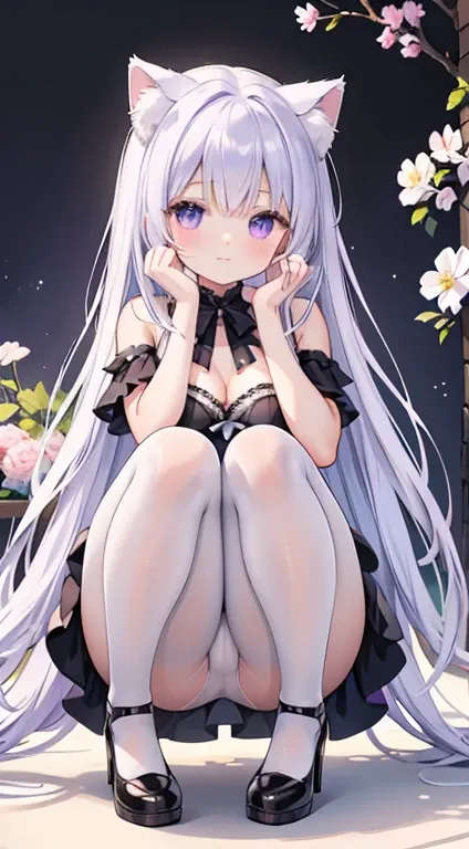 (8K、Top quality 、 Top Quality 、Masterpiece)、Cat girl、 long hair、Purple Eyes、Moderate breasts、White lace swimsuit 、 White Lace Panties 、 black pantyhose、 black high heels 、 squat 、