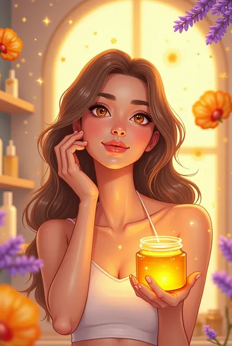 A young woman with flawless, glowing skin, radiating beauty and confidence, standing in the center of a vibrant, detailed skincare-themed setting. Her skin is smooth and luminous, with an ethereal, almost magical glow. She is surrounded by floating honey j...