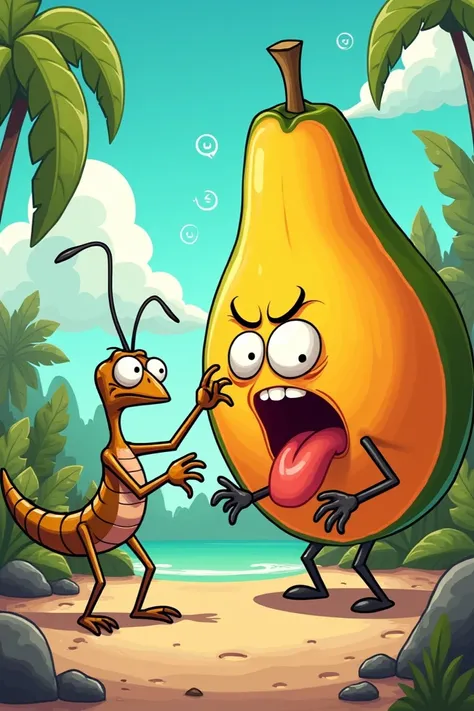 A Cartoon-like depiction of a skinny and annoying cricket, fighting with a large Papaya  