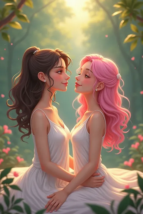 A mature brunette girl and a pink-haired girl who went to enjoy healing