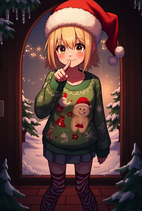 Wearing Christmas clothes making a sign of silence