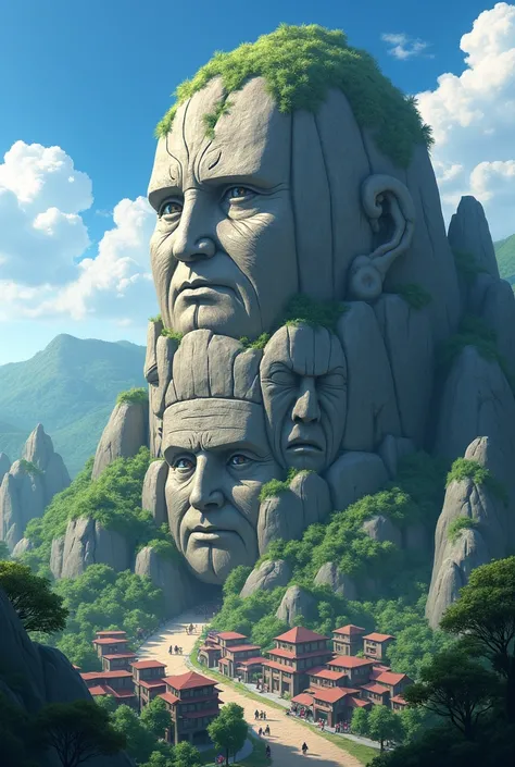 "Create a realistic and detailed digital artwork of the Hokage Rock from the Naruto series, featuring the carved faces of all seven Hokages. The image should capture the mountains grandeur, with each face intricately detailed to reflect the unique personal...