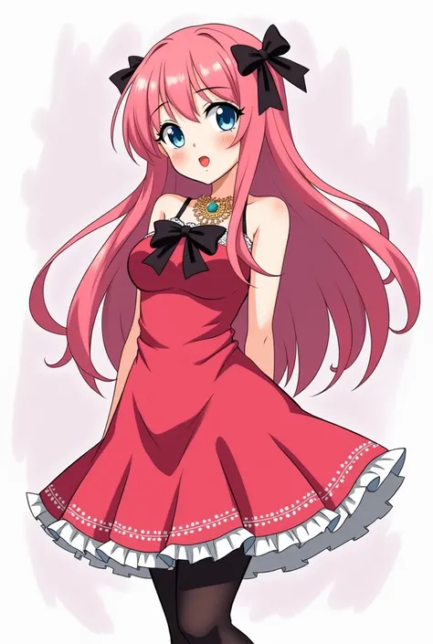  a cartoon girl wearing a pink dress and black tights,  Amy Roses red dress ,  Digimon angelical glamorous , Anya de Spy X Family, Mirai Nikki, Anime style Gainax, Loli in a dress,  haruno sakura ,  Makinami illustrious ,  official art ,  Humanoid Female R...