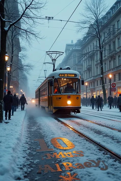  C est l hiver dans les rues de Prague, un tramway, Au sol est ecrit "10 ans déjà..."