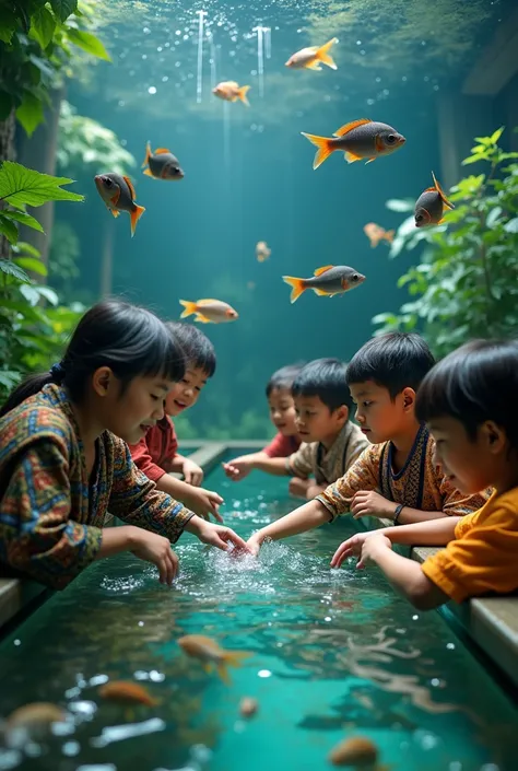 Photo of Indonesian youth playing with maskok fish in realistic aquarium 4k   