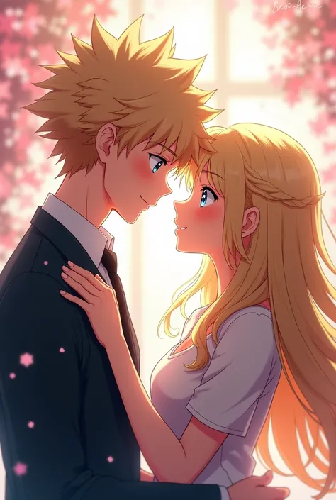  Anime A beautiful girl with blondes with long flowing hair with blue eyes in love  ,  with a small smile on her face looks at Izuku Midoriya from the anime “My Hero Academia” with his hands on her shoulders , he looks at her with friendly eyes  