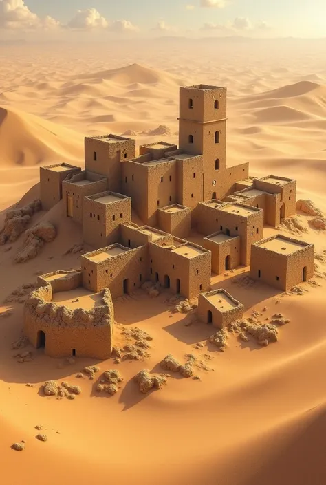 Medieval desert village , (set of houses made of sand-colored rocks), (sand hills ), (is), (many houses)