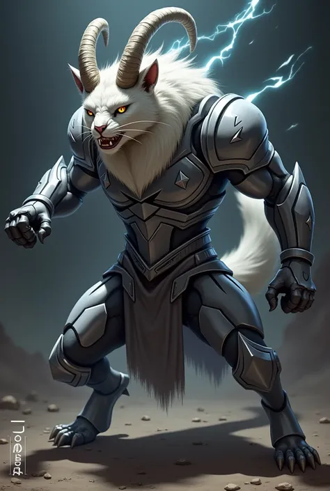 (ReV Animated: 1.2), Hybrid of a goat and a cat with armor style in pose of fighter
