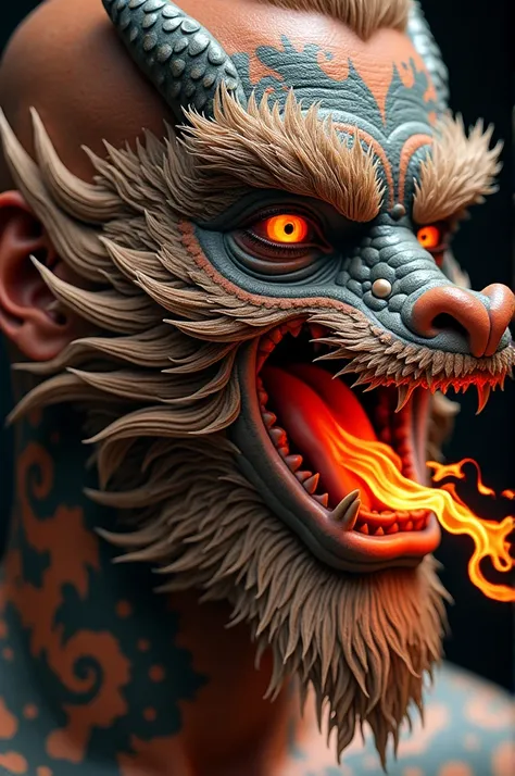 ((best quality)), (( Masterpiece)), (detailed), Perfect face professional logo in 4k of Japanese tattoos with a dragon detailed on his face with his mouth open and spitting fire and under whatever he has written "touch_garg" 