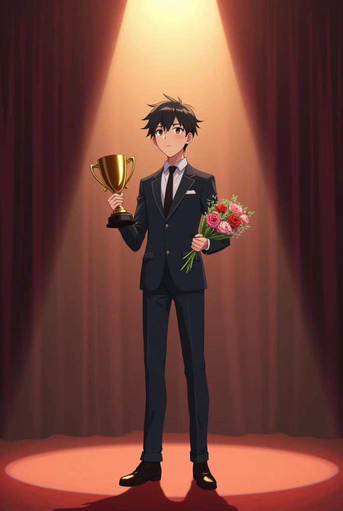 ((Best quality)), ((masterpiece)), (detailed), ((perfect face)), 10 old boy, short boy, short leg, black hair, 150 cm tall, standing alone on an awards ceremony stage, full body, spotlight, Wear a suit, (((left hand Holding a golden trophy and right hand h...