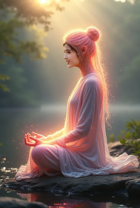 /I Zen mood ， body composed of multicolored flowing light particles， landscape background ，Peaceful and tranquil atmosphere，Soft and warm light，Telephoto lens， flowing robe ， sitting meditation--version 6 .1 --aspect 2:3 --chaos 5 --stylize 200