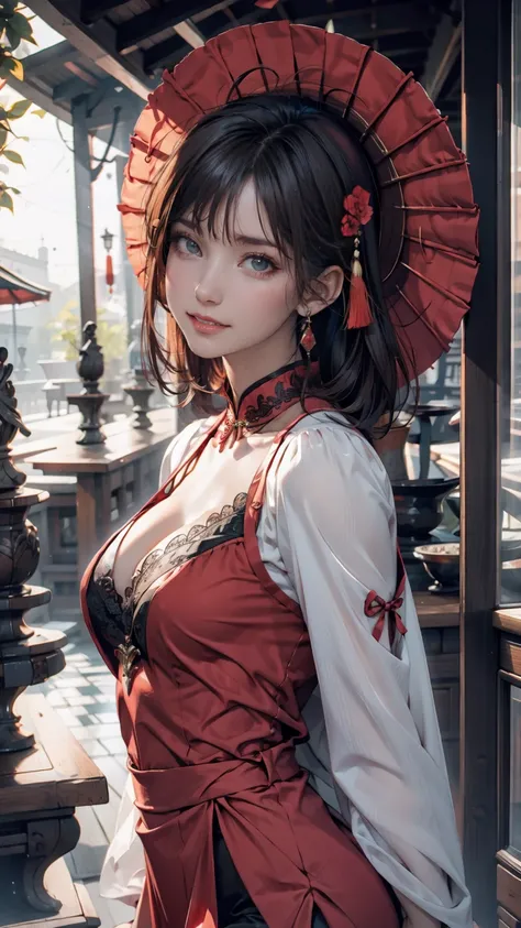  red Chinese dress(Thighs peek out through deep slits),  1 girl, Alone,  black hair,  short hair,  upper body, smile, Parasol,  mature woman, sexy proportions、Bewitching pose