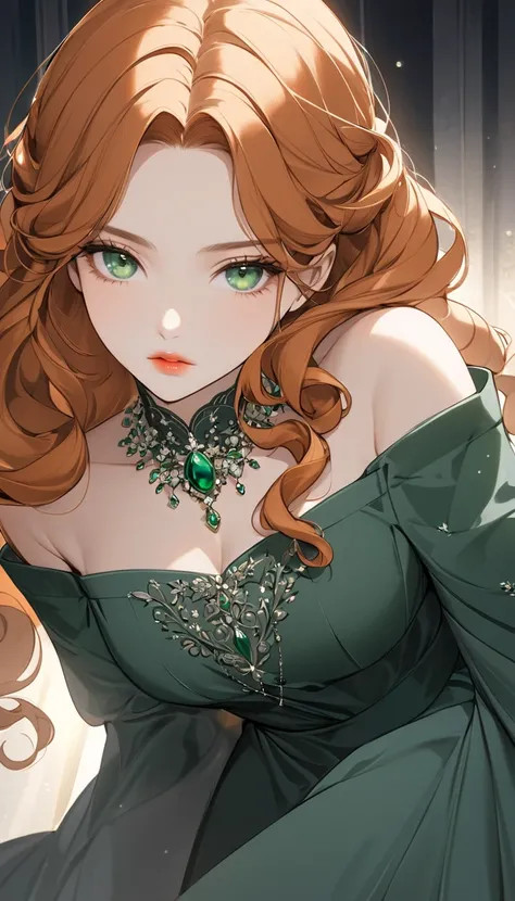 A semi-realistic anime-style woman with a calm and composed expression. Age 27. She has long, thick curly burnt orange hair, cool demeanor. Her hair has tight curls. Her complexion is a healthy pale white, with warm undertones that contrast nicely with her...