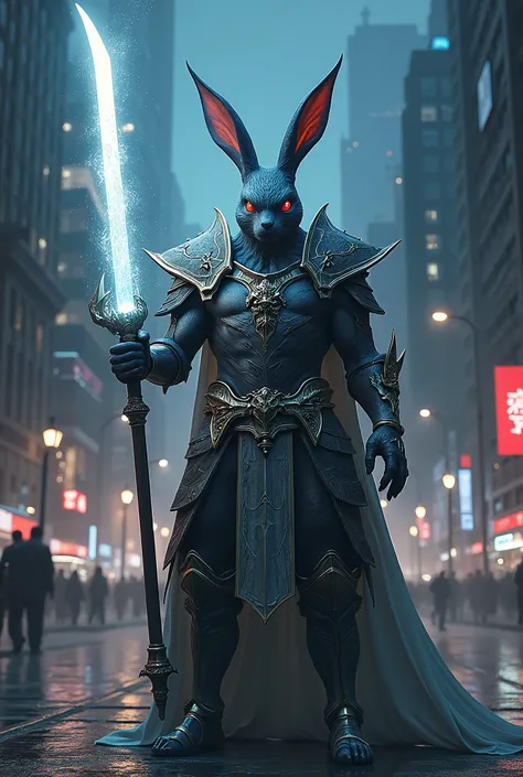  half-demon , Star of the Year of the Vine , , the head is a hare, , The body is human ,  big body , strong, , super realistic : 1.9,  put on the armor., , holding a white glowing weapon,  standing in the middle of the capital at night