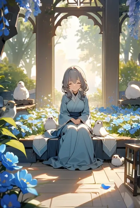 In a fragrant garden,  A blind woman stands with her arms outstretched ,  while gently touching the petals of the flower she met,  The connection between nature and lovely blue flowers in a fragrant garden .Sitting on the floor pose、smile、Small animals tha...