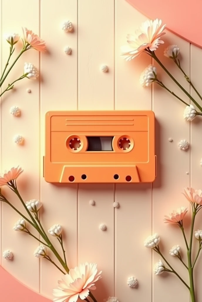  A cream background reminiscent of wood , an orange cassette tape ,  small white flowers,  and a light pink  .  The image must be with filters from the 90s