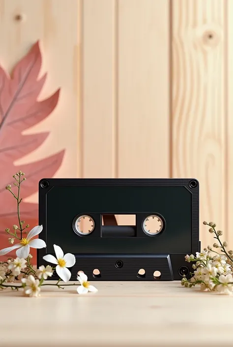  A cream background reminiscent of wood , a black cassette tape and baranga ,  small white flowers,  and a light pink  .  The image must be with filters from the 90s