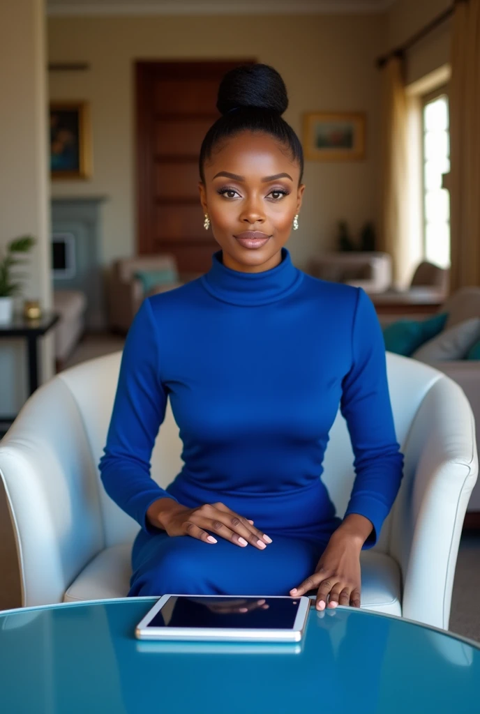 Femme métisse capverdienne noire aux cheveux lissés de couleur noir brun, elle porte une robe bleu roi longue élégante au col roulé avec une table bleu Android idiots notebook10, elle est assise dans un fauteuil 6 places de salon grand de luxe blanc , phot...