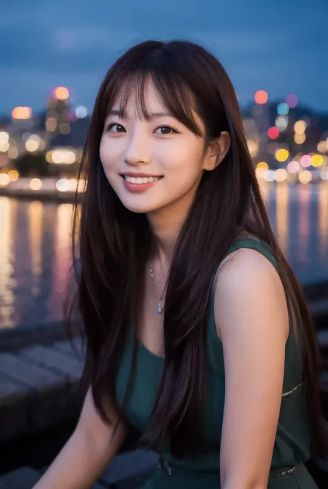  headshot , With the night view of Busan in the background 、 A woman with long bob hair taking a portrait in front of a skyscraper、 turning around with a gentle happy smile 、 The city lights create a fantastic atmosphere 、 A womans smile harmonizes with th...