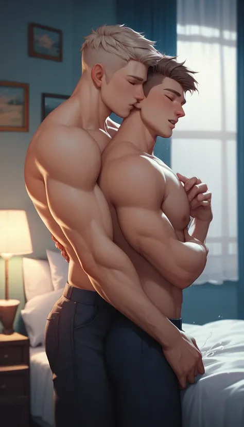 High image quality, two beautiful men, delicate eyes, thin muscular, tall, high stature, random hairstyle, bedroom, hugging from behind, trying to kiss, windowsill, nightfall, night view, romantic. ORGASM