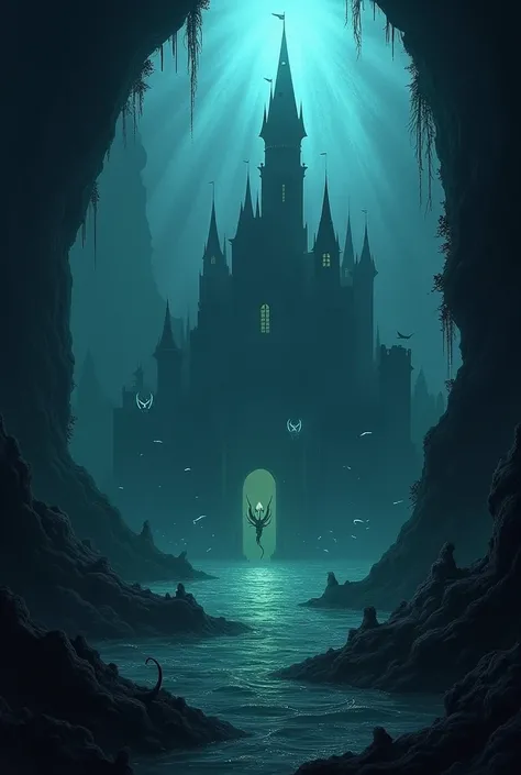 An underwater kingdom with deep sea creature and a black hue to the area with destroyed castle sitting in a cave that stretches to the surface