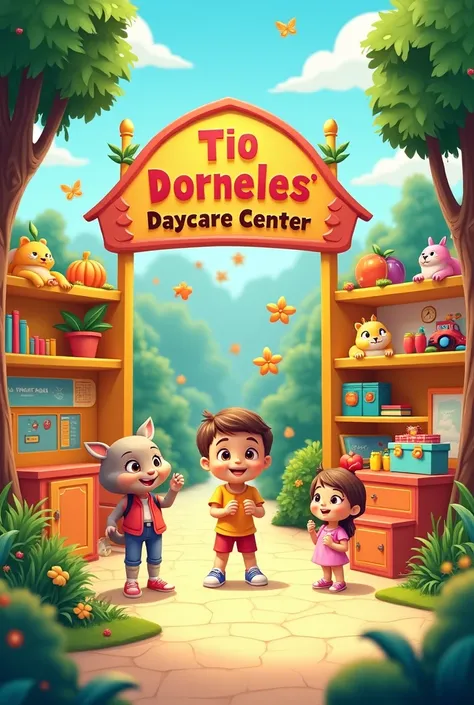 Create an image of a nursery called “Tio Dorneles daycare center” with the name on display 