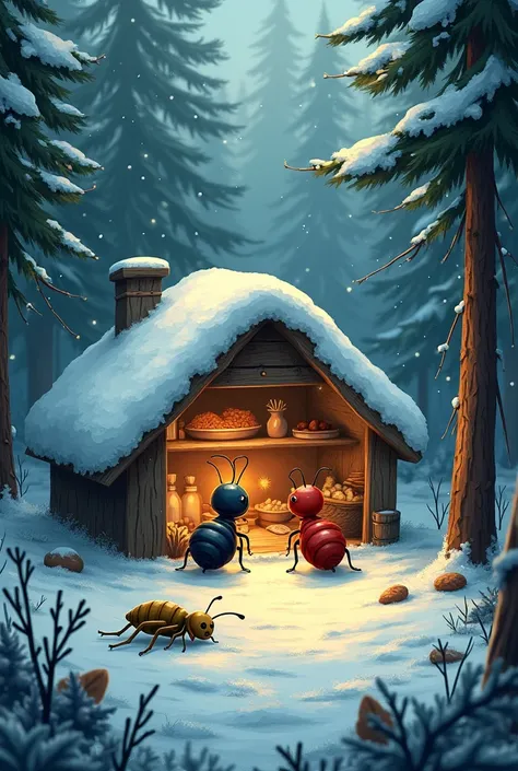 In winter on forest, A black ant and A red ant stay in cozy house that has many foods. In others hand A grasshopper died outside because hungry