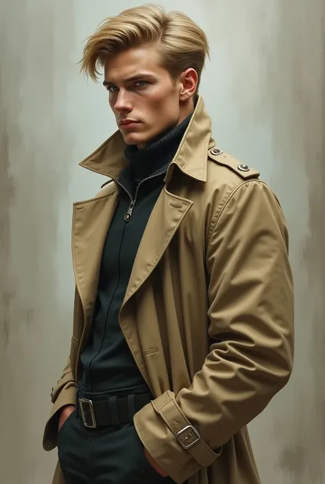 German young teen muscular communist in a beige trench coat Hair color dark blonde eyes color dark blue 