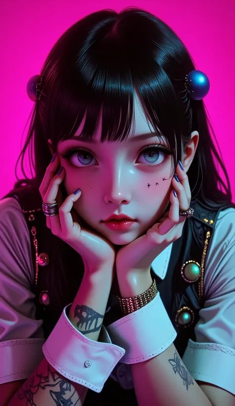 a close up of a girl with tattoos is on her arms, straight bangs shiny black hair , colored sequins on the sides , round cufflinks , she is crouched with her elbows resting on her knees , she wears both hands on the sides of her face , head slightly...