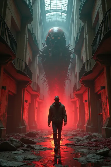 Lone hero, old hotel, xenomorph growth, crimson gore, warm lightining, synthwave, mirrored sunglasses, old hotel, creepy hotel, single male, walking strong