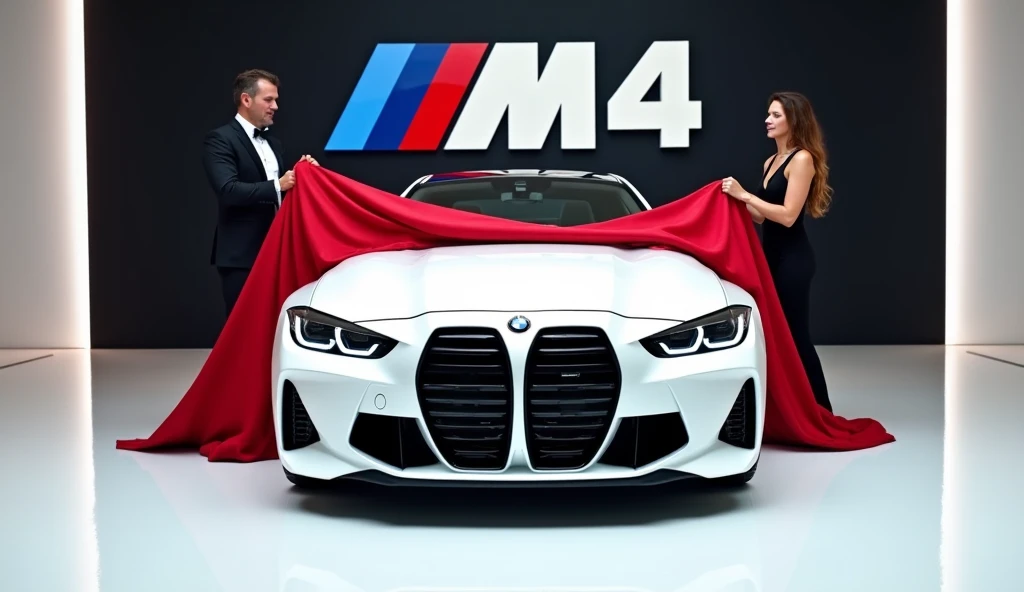 A captivating image of a ( 2025 BMW M4)center stage in a luxurious white showroom. The futuristic, vibrant (full white) exterior gleams, showcasing its sleek, aerodynamic design and bold accents. The words (BMW M4) are prominently displayed in large, metal...