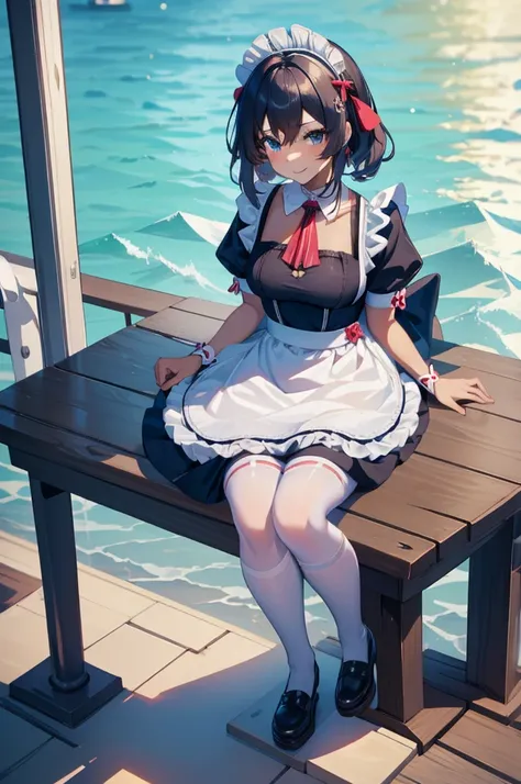 a cute solo girl ,candancedef,wearing a japan maid dress ,short pants ,short under dress ,black stockings,maid shoes,face red and embarrassed,smile ,sitting squat on platform sexy pose ,in a deck of yacht at sunrise time , full body .