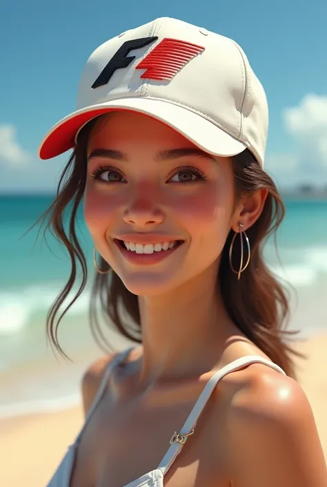 create a face of a cute woman with formula1 cap on the beach