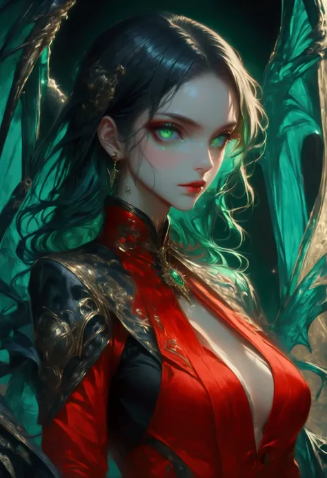 score_9, score_8_up, score_7_up, score_6_up, score_5_up, score_4_up, Arafed, a portrait of an vampire woman, exotic beauty, long hair, purple, (emerald green eyes), dark red lips, glamour shot, she wears an (red: 1.3) elegant suit, high heel boots, full bo...