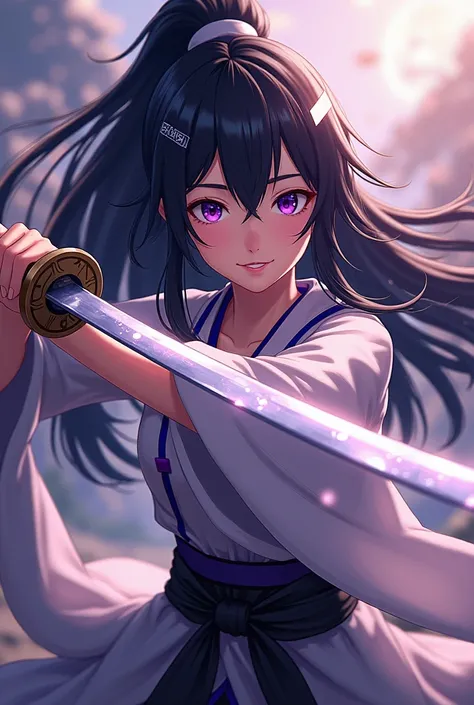 a girl with long black hair with purple eyes swinging a samura blade anime smiling 
