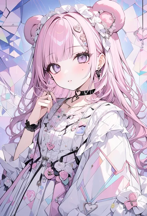 ,beautiful flower々）,mole under eye, heart shaped choker, (masterpiece, highest quality), official art, beautiful and aesthetic: 1.2), (1 girl), very detailed, (geometry art: 1.3), colorful、pink bob hair、bear ears、 whole body