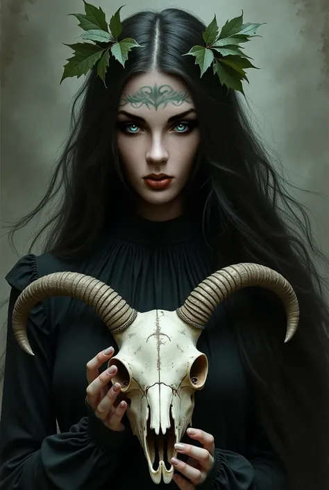 Create realistic art of a gothic woman and obscure long hair with leaf arrangement in her hair and holding a dead animal skull with long soft hair for tattooing