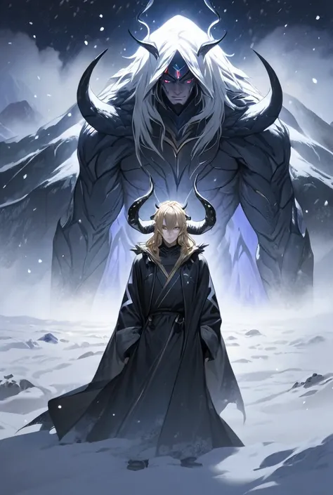 masterpiece, semi-realistic. He is a male. He is wearing just a long black robe. He is standing in a field of snow. He has a toned, lightly pale body. His hair is messy and white. He has two dragon horns protruding from either side of his head. He has a sl...