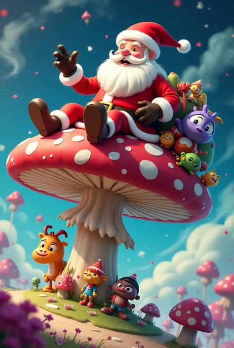 Create an image of a Santa Claus flying on top of a giant mushroom and featuring various cartoon characters  