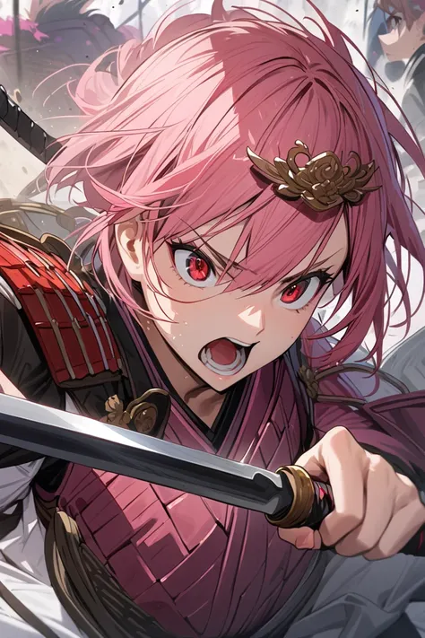 (( best quality)), ((masterpiece)), ( Details),  female in her 20s,  hair ornament, Pink short hair,  red eyes,   Japanese Armor , sword, battle, pocket