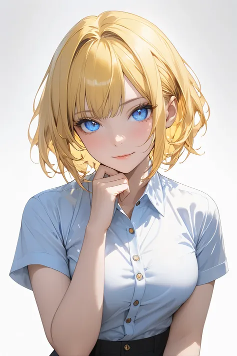 full body display,semi realistic, Masterpiece, Master work, perfect , 4k, 1woman, medium size breast, short hair, middle parted hair style, yellow colored hair, bright blue eyes, cool expression face, wearing buttoned shirt, short sleeves, wearing formal p...