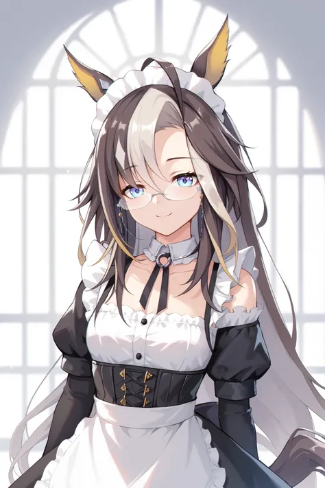 NSFW,masterpiece, top quality, high definition , very detailed,Dream Journey,Dream Journey(Horse Girl),Glasses,smile, maid clothes, off shoulder , crop top, miniskirt