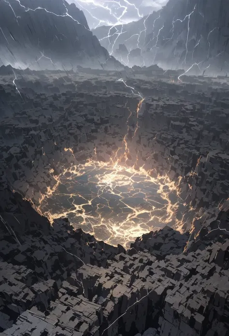 the environment is a giant crater with crack on the ground the size of multiple mountain, a city of collapsed building around the crater, a storm with lightning,  view from farr away