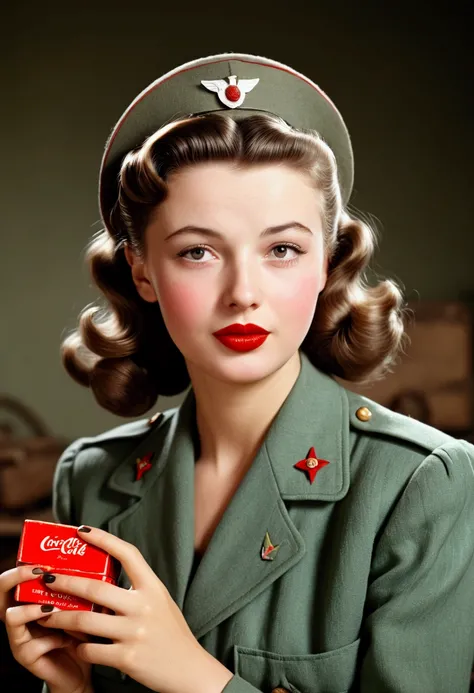 A cute woman (cute, age 20, 1940s wartime fashion) she is sending a photo to the frontline asking her husband to come home soon, lipstick kiss mark in the top right corner
