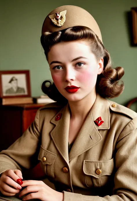 A cute woman (cute, age 20, 1940s wartime fashion) she is sending a photo to the frontline asking her husband to come home soon, lipstick kiss mark in the top right corner
